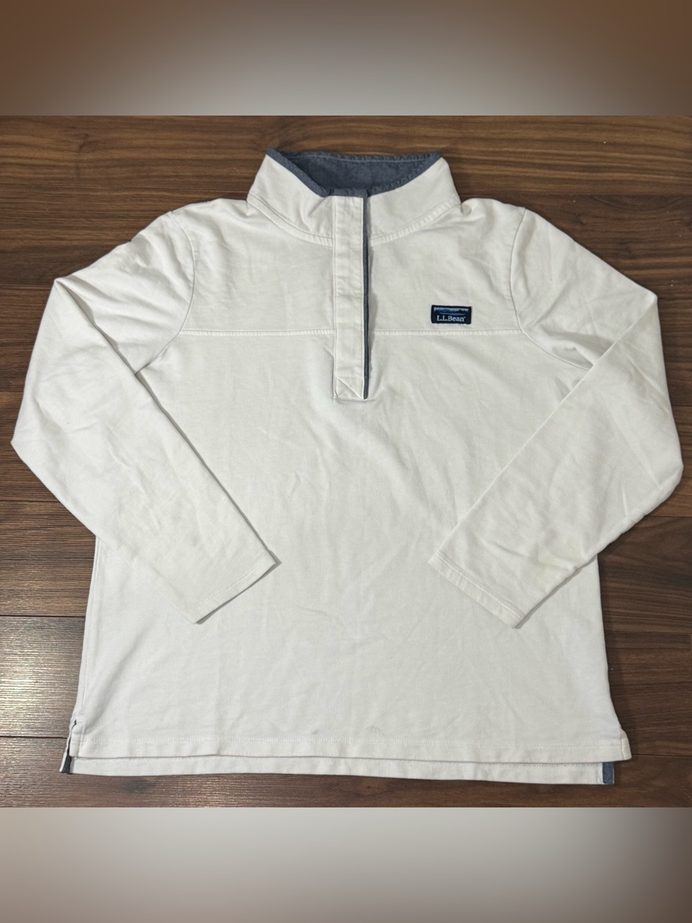 LL Bean Rugby Shirt Women's LargePullover 1/4 Button Mock Neck White & Blue